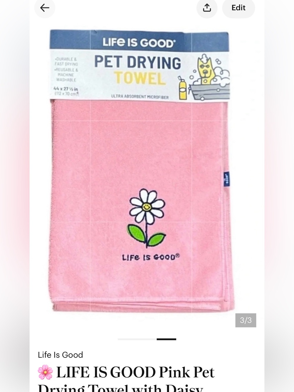 Life Is Good Pink Pet Drying Towel with Daisy Embroidery